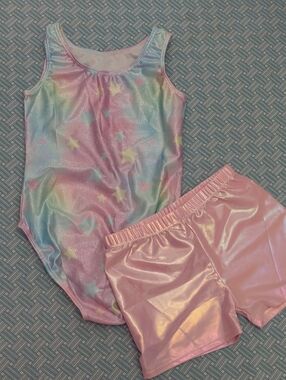 Gymnastics Iridescent Pastel Star Leotard & Pink Shimmer Shorts Set